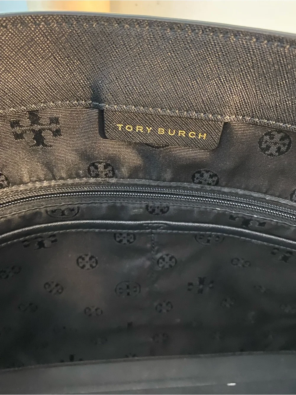 Tory Burch Black Saffiano Tote with Gold Logo Flaw